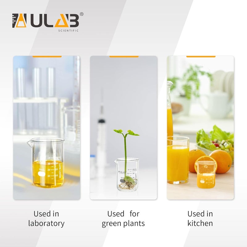 ULAB Heavy Duty Glass Beakers, 10pcs of Vol.50ml(1.7oz), Borosilicate 3.3 Glass, Thick Wall Beakers, with Double Scale, Superior Durability & Chemical Resistance, UBG1069 - Image 5